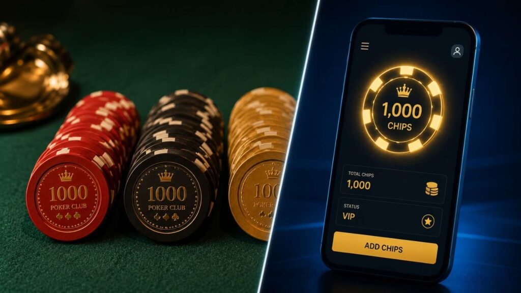 Physical clay poker chips next to a smartphone showing digital in-app poker chips