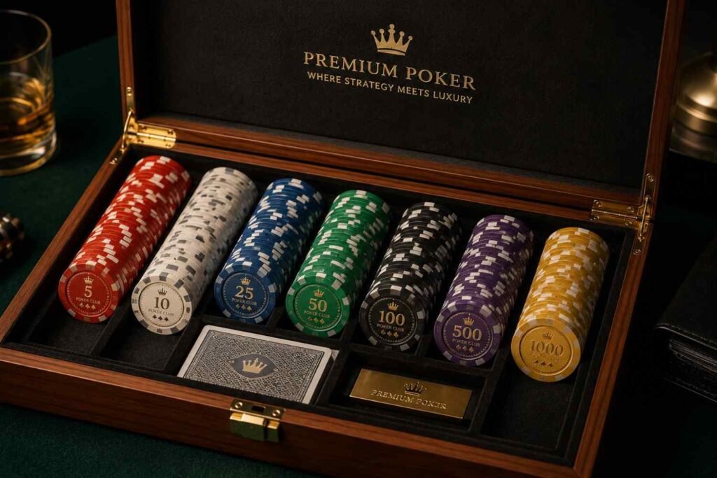 Royal Chips premium clay poker chip set in a wooden case for home games